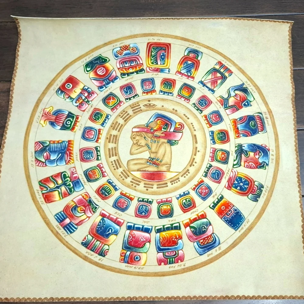 Hand-Painted Mayan Calendar Art on Leather – 23x23